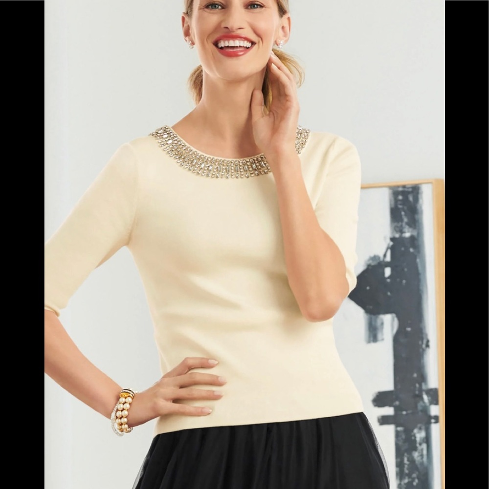 NWT Talbots Embellished S Crew Neck Sweater in Cream Color